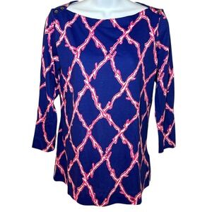 Lilly Pulitzer ALIDA TOP Santorini Blue Deep Dive Pink White Boat Neck Womens S